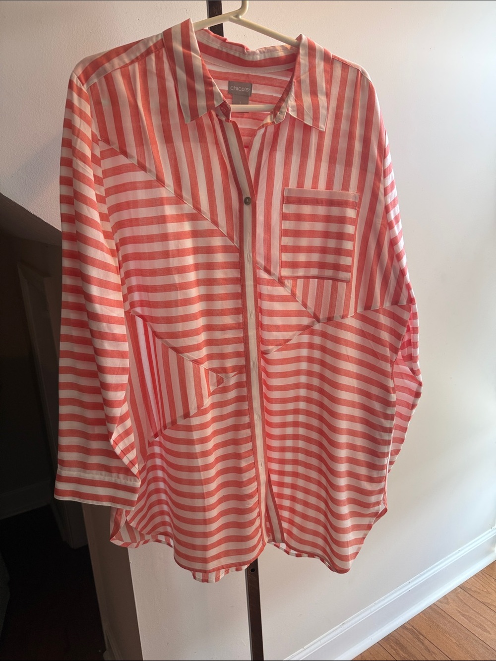 Chico's Coral & White Striped Casual Button-Down Shirt